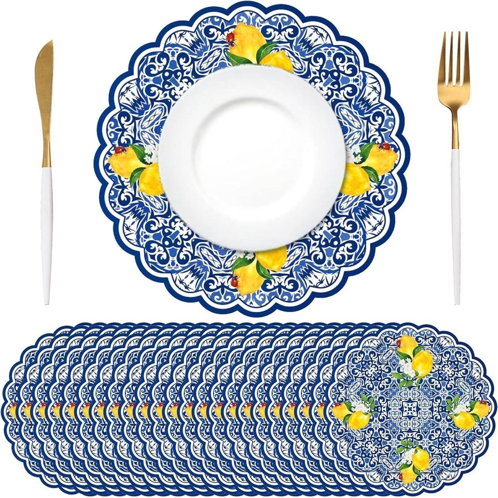 100 Pack Capri Lemon Scalloped Edge Placemats Disposable Plates Thick & Durable